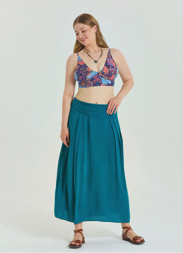 Elastic Waist Drape Detailed Petrol Plus Size Skirt 4601